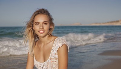 1girl,solo,long hair,breasts,looking at viewer,smile,blonde hair,brown hair,shirt,dress,cleavage,brown eyes,medium breasts,collarbone,upper body,short sleeves,outdoors,parted lips,sky,teeth,day,water,white dress,grin,blurry,lips,looking to the side,depth of field,blurry background,ocean,beach,wind,realistic,nose,sand,photo background,open mouth