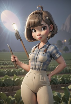 1girl,solo,breasts,looking at viewer,blush,smile,short hair,bangs,brown hair,shirt,hair ornament,holding,brown eyes,jewelry,closed mouth,standing,collarbone,flower,ahoge,short sleeves,cowboy shot,earrings,small breasts,outdoors,sky,hairclip,collared shirt,pants,artist name,hair flower,blurry,lips,hand on hip,plaid,night,blurry background,bob cut,thick eyebrows,suspenders,blue shirt,freckles,pocket,white pants,overalls,plaid shirt,high-waist pants,day,makeup,leaf,denim,arm behind back,nose,sun