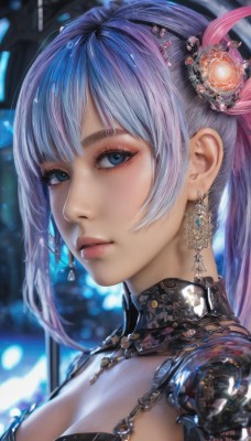 1girl,solo,long hair,breasts,looking at viewer,bangs,blue eyes,hair ornament,cleavage,twintails,jewelry,medium breasts,blue hair,upper body,earrings,parted lips,necklace,blurry,from side,lips,eyelashes,makeup,portrait,realistic,nose,large breasts,ponytail,purple hair,sidelocks,artist name,depth of field,blurry background,gem,close-up,science fiction,android,cyborg,cyberpunk