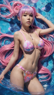 1girl,solo,long hair,breasts,looking at viewer,bangs,large breasts,hair ornament,navel,cleavage,twintails,brown eyes,jewelry,medium breasts,very long hair,swimsuit,pink hair,flower,bikini,multicolored hair,cowboy shot,lying,parted lips,water,necklace,arm up,lips,wet,watermark,floral print,web address,wading,o-ring,partially submerged,realistic,nose,pink bikini,o-ring bikini,print bikini,black eyes