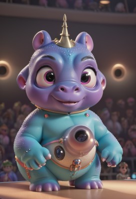 solo,looking at viewer,smile,open mouth,1boy,animal ears,standing,purple eyes,full body,male focus,solo focus,artist name,indoors,pink eyes,blurry,blurry background,crown,child,furry,furry male,spacesuit,buck teeth,1girl,horns,teeth,no humans,single horn,realistic