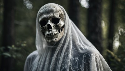 solo,upper body,male focus,blurry,tree,no humans,depth of field,blurry background,nature,veil,facing viewer,1other,forest,skull,skeleton,horror (theme),looking at viewer,hood,hood up