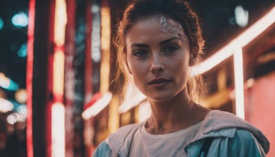 1girl,solo,looking at viewer,short hair,brown hair,shirt,brown eyes,jewelry,jacket,white shirt,upper body,earrings,parted lips,dark skin,blurry,black eyes,dark-skinned female,lips,depth of field,blurry background,freckles,realistic,nose,very dark skin,dreadlocks,blue eyes,blonde hair,closed mouth,outdoors,night,portrait,backlighting