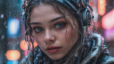 1girl, solo, looking at viewer, blue eyes, black hair, parted lips, blurry, lips, wet, eyelashes, makeup, blurry background, headphones, portrait, freckles, science fiction, rain, realistic, nose, cyberpunk