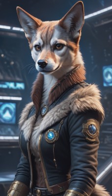 1girl,solo,looking at viewer,long sleeves,animal ears,brown eyes,jewelry,jacket,tail,upper body,open clothes,belt,artist name,necklace,blurry,black jacket,fur trim,no humans,blurry background,animal,brooch,gem,furry,pendant,fur collar,furry female,body fur,leather,animal focus,white fur,animal nose,orange fur,breasts,medium breasts,closed mouth,realistic,badge