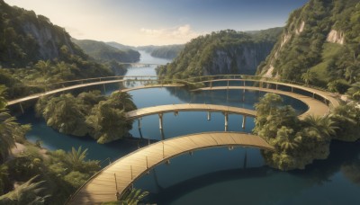 outdoors,sky,day,cloud,water,tree,blue sky,no humans,sunlight,grass,plant,nature,scenery,forest,sunset,mountain,railing,bridge,river,landscape,lake,waterfall