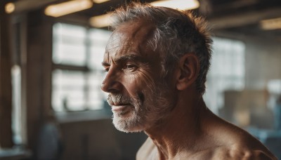 solo,short hair,1boy,brown eyes,closed mouth,upper body,male focus,nude,indoors,blurry,from side,blurry background,facial hair,portrait,beard,realistic,mustache,manly,old,old man,wrinkled skin,scar