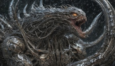 solo,open mouth,yellow eyes,teeth,tongue,from side,orange eyes,no humans,glowing,fangs,sharp teeth,glowing eyes,claws,snow,spikes,science fiction,monster,snowing,dragon,scales,holding,weapon,horns,armor,fantasy