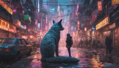 1girl, standing, outdoors, hood, bag, night, animal, cat, backpack, ground vehicle, building, scenery, motor vehicle, rain, city, sign, car, road, street, neon lights