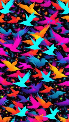 solo,star (symbol),pokemon (creature),no humans,bird,animal,flying,animal focus,colorful,too many,flock,sparkle,glowing,black background,scenery