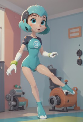 1girl,solo,breasts,looking at viewer,blush,smile,short hair,open mouth,blue eyes,gloves,blue hair,standing,full body,short sleeves,small breasts,boots,parted lips,indoors,white gloves,aqua eyes,leotard,aqua hair,covered navel,shadow,standing on one leg,helmet,blue footwear,blue leotard,aqua footwear,jewelry,bodysuit,blush stickers,android,skates