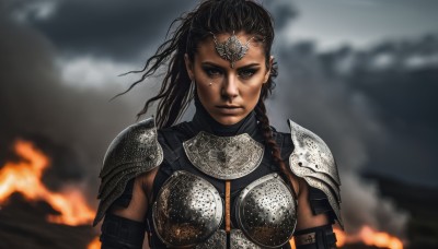 1girl,solo,long hair,looking at viewer,brown hair,black hair,brown eyes,closed mouth,upper body,braid,dark skin,armor,blurry,dark-skinned female,lips,single braid,blurry background,fire,shoulder armor,pauldrons,breastplate,shoulder pads,jewelry,serious,circlet,realistic,chainmail