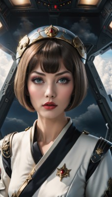 1girl,solo,looking at viewer,short hair,bangs,blue eyes,brown hair,upper body,parted lips,sky,day,artist name,cloud,signature,lips,eyelashes,makeup,bob cut,cloudy sky,lipstick,science fiction,realistic,nose,red lips,cockpit,jewelry,earrings,japanese clothes,headgear,portrait,mascara