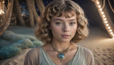 1girl,solo,looking at viewer,short hair,blue eyes,blonde hair,brown hair,hair ornament,dress,jewelry,collarbone,upper body,parted lips,necklace,blurry,lips,blurry background,gem,portrait,pendant,freckles,curly hair,realistic,nose,outdoors,night