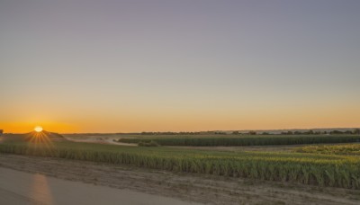 outdoors,sky,cloud,tree,no humans,sunlight,grass,nature,scenery,forest,sunset,mountain,sun,road,field,landscape,mountainous horizon,gradient sky,orange sky,path,hill,horizon,power lines,evening