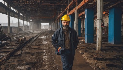 solo,looking at viewer,brown hair,shirt,long sleeves,1boy,standing,jacket,male focus,outdoors,open clothes,pants,vest,black jacket,facial hair,black pants,helmet,ground vehicle,building,beard,realistic,hands in pockets,mustache,ruins,yellow headwear,railroad tracks,hardhat,indoors,scarf,scenery