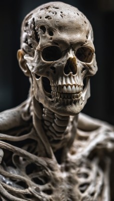 solo,looking at viewer,open mouth,simple background,1boy,monochrome,upper body,male focus,teeth,shiny,blurry,no humans,black background,portrait,1other,skull,realistic,bald,ribs,skeleton,bone,horror (theme)