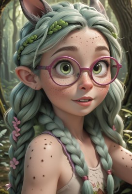 1girl,solo,long hair,breasts,looking at viewer,smile,hair ornament,animal ears,bare shoulders,jewelry,green eyes,collarbone,upper body,braid,flower,earrings,small breasts,outdoors,parted lips,green hair,glasses,teeth,pointy ears,artist name,hair flower,twin braids,tree,lips,eyelashes,makeup,leaf,nature,hair over shoulder,extra ears,forest,freckles,dress,sleeveless,blurry,flat chest,tank top,red-framed eyewear,dirty,pink-framed eyewear