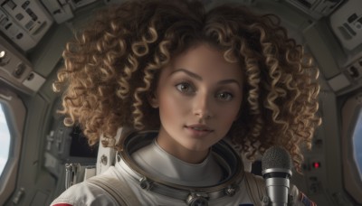 1girl,solo,long hair,looking at viewer,smile,brown hair,brown eyes,upper body,parted lips,dark skin,dark-skinned female,lips,portrait,microphone,science fiction,curly hair,realistic,nose,big hair,spacesuit,cockpit,astronaut,teeth,artist name,signature,blurry,messy hair,close-up,reflection,cable,space,holding microphone,dirty,spacecraft