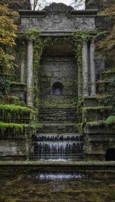 outdoors,day,water,tree,no humans,sunlight,plant,building,nature,scenery,stairs,ruins,vines,bridge,pillar,waterfall,arch,moss,overgrown,window,statue