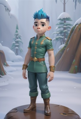 solo,looking at viewer,short hair,shirt,black hair,1boy,brown eyes,jewelry,closed mouth,blue hair,standing,full body,short sleeves,male focus,multicolored hair,boots,outdoors,belt,pants,artist name,black eyes,bracelet,two-tone hair,tree,brown footwear,child,snow,snowing,male child,mohawk,facial mark