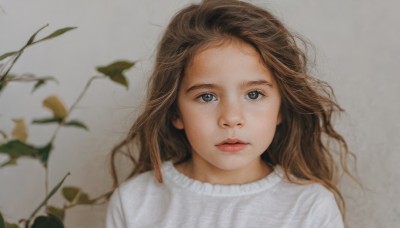 1girl,solo,long hair,looking at viewer,blue eyes,simple background,brown hair,shirt,white shirt,upper body,parted lips,grey background,blurry,sweater,lips,grey eyes,leaf,plant,messy hair,portrait,freckles,realistic,nose,white sweater,flower,traditional media,expressionless