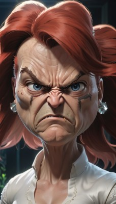 1girl,solo,long hair,breasts,looking at viewer,blue eyes,brown hair,shirt,cleavage,jewelry,closed mouth,collarbone,white shirt,red hair,earrings,collared shirt,necklace,lips,v-shaped eyebrows,frown,scar,portrait,angry,freckles,veins,serious,realistic,nose,scowl,1boy,male focus,teeth,star (symbol),facial hair,mustache,furrowed brow