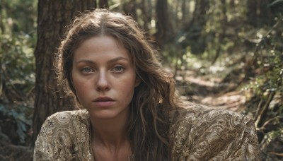 1girl,solo,long hair,looking at viewer,brown hair,brown eyes,upper body,outdoors,parted lips,day,blurry,tree,lips,depth of field,blurry background,portrait,nature,freckles,curly hair,realistic,nose,blue eyes,mole,grey eyes,makeup,sunlight,forest,dappled sunlight,mole on cheek