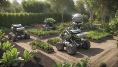 flower,outdoors,day,tree,military,no humans,shadow,sunlight,grass,plant,robot,ground vehicle,nature,scenery,mecha,motor vehicle,forest,science fiction,military vehicle,road,bush,tank,vehicle focus,path,non-humanoid robot,weapon