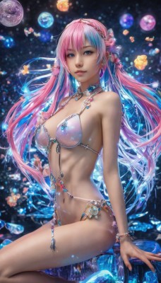 1girl,solo,long hair,breasts,looking at viewer,smile,bangs,blue eyes,hair ornament,navel,cleavage,bare shoulders,jewelry,medium breasts,sitting,blue hair,swimsuit,pink hair,braid,bikini,multicolored hair,earrings,parted lips,choker,necklace,stomach,nail polish,bracelet,two-tone hair,lips,gem,revealing clothes,bikini top only,realistic,nose,planet,twintails,flower,artist name,high heels,fingernails,watermark,beads