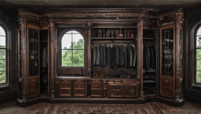 day,indoors,tree,book,no humans,window,chair,table,sunlight,bottle,plant,curtains,scenery,wooden floor,door,carpet,candlestand,fantasy,candle,painting (object),still life,rug,cabinet,chandelier