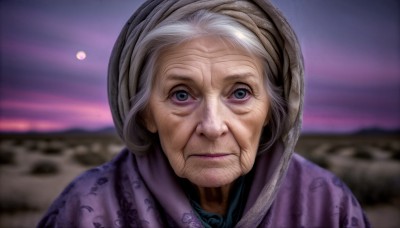 HQ,1girl,solo,looking at viewer,smile,blue eyes,closed mouth,upper body,white hair,grey hair,outdoors,japanese clothes,sky,blurry,lips,grey eyes,night,blurry background,moon,portrait,realistic,nose,old,old man,purple sky,old woman,wrinkled skin