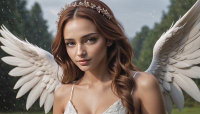 1girl,solo,long hair,breasts,looking at viewer,smile,brown hair,hair ornament,cleavage,bare shoulders,brown eyes,medium breasts,closed mouth,underwear,collarbone,upper body,flower,outdoors,wings,hair flower,bra,blurry,tree,lips,blurry background,feathered wings,angel wings,realistic,white wings,angel,head wreath,dress,jewelry,earrings,day,white dress,tiara,feathers