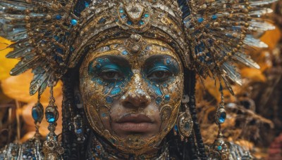 1girl,solo,long hair,looking at viewer,blue eyes,black hair,hair ornament,jewelry,closed mouth,earrings,solo focus,dark skin,necklace,blurry,black eyes,lips,eyelashes,mask,depth of field,blurry background,expressionless,feathers,gem,portrait,realistic,nose,headdress,straight-on,gold,blue gemstone,1boy,male focus,makeup,chain,veil,close-up,gold chain