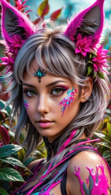 1girl,solo,looking at viewer,short hair,bangs,hair ornament,animal ears,bare shoulders,jewelry,closed mouth,yellow eyes,upper body,flower,grey hair,earrings,hair flower,blurry,lips,eyelashes,makeup,leaf,facial mark,piercing,plant,lipstick,portrait,eyeshadow,pink lips,nose,eyeliner,mascara,long hair,brown eyes,artist name,blurry background,freckles,facepaint