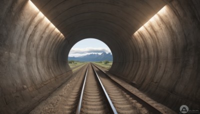 outdoors,sky,day,artist name,cloud,signature,tree,blue sky,no humans,watermark,sunlight,nature,scenery,web address,forest,stairs,mountain,road,bridge,pillar,landscape,cloudy sky,train station,railroad tracks