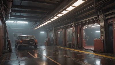 indoors,water,no humans,window,ground vehicle,scenery,motor vehicle,reflection,door,car,light,vehicle focus,train,train station,seat,cable,puddle,reflective floor