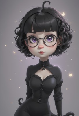 1girl,solo,breasts,looking at viewer,blush,short hair,bangs,simple background,black hair,long sleeves,dress,cleavage,jewelry,medium breasts,closed mouth,purple eyes,ahoge,cowboy shot,earrings,small breasts,glasses,puffy sleeves,pants,artist name,blunt bangs,grey background,black dress,covered nipples,lips,black shirt,gradient background,clothing cutout,eyelashes,makeup,arms behind back,cleavage cutout,crescent,black-framed eyewear,curly hair,round eyewear,mascara,gothic,black theme,gloves,tail,upper body,black gloves,wavy hair,messy hair,freckles,lolita fashion,gothic lolita