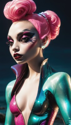 1girl,solo,breasts,looking at viewer,cleavage,jewelry,upper body,pink hair,small breasts,parted lips,open clothes,teeth,shiny,artist name,pink eyes,hair bun,blurry,lips,eyelashes,no bra,bodysuit,makeup,blurry background,facial mark,single hair bun,thick eyebrows,lipstick,skin tight,eyeshadow,freckles,high collar,nose,center opening,unzipped,red lips,eyeliner,mascara,plunging neckline,open bodysuit,medium breasts,earrings,signature,double bun,breasts apart,shiny clothes,realistic