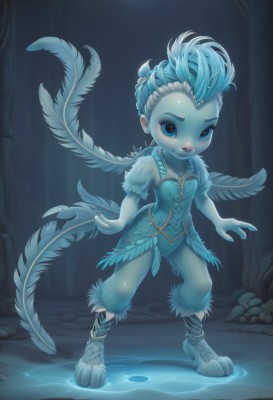 1girl,solo,looking at viewer,smile,blue eyes,blue hair,standing,tail,full body,braid,white hair,wings,water,night,colored skin,tiara,aged down,feathers,monster girl,child,nature,furry,forest,ice,blue theme,blue skin,furry female,dress,jewelry,artist name,necklace,tree,fur trim,blue feathers