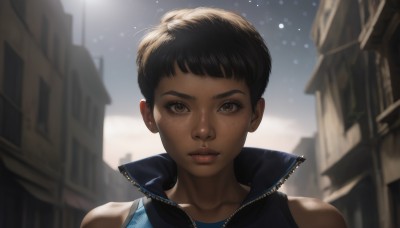 1girl,solo,looking at viewer,short hair,brown hair,black hair,bare shoulders,brown eyes,closed mouth,collarbone,upper body,outdoors,sleeveless,artist name,dark skin,blurry,dark-skinned female,lips,eyelashes,blurry background,portrait,zipper,freckles,realistic,nose,very short hair,bangs,sky,blue shirt,backlighting