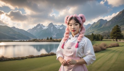 1girl,solo,long hair,looking at viewer,smile,bangs,shirt,black hair,long sleeves,brown eyes,white shirt,upper body,pink hair,braid,multicolored hair,outdoors,sky,day,collared shirt,cloud,water,apron,twin braids,two-tone hair,tree,blue sky,double bun,cloudy sky,own hands together,grass,nature,scenery,reflection,mountain,red lips,river,mountainous horizon,lake,parted lips,hair bun,lips,cosplay,parody,hair over shoulder,landscape