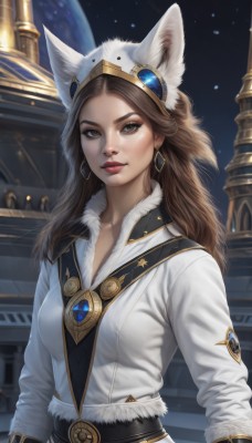 1girl,solo,long hair,breasts,looking at viewer,smile,brown hair,shirt,long sleeves,animal ears,brown eyes,jewelry,medium breasts,closed mouth,white shirt,upper body,earrings,sky,belt,lips,coat,fur trim,makeup,fake animal ears,lipstick,brooch,gem,star (sky),starry sky,freckles,realistic,nose,red lips,space,artist name,night,white coat