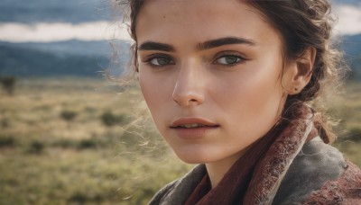 1girl,solo,looking at viewer,brown hair,jewelry,earrings,outdoors,parted lips,sky,teeth,day,cloud,scarf,mole,blurry,lips,grey eyes,depth of field,blurry background,portrait,mole under mouth,freckles,mountain,realistic,mole on cheek,black hair,brown eyes,eyelashes,close-up,nose