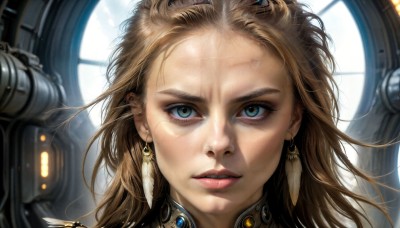 HQ,1girl,solo,long hair,looking at viewer,blue eyes,blonde hair,brown hair,jewelry,earrings,parted lips,teeth,lips,eyelashes,feathers,portrait,close-up,forehead,science fiction,realistic,nose,green eyes,choker