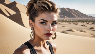 1girl,solo,looking at viewer,short hair,blonde hair,brown hair,bare shoulders,jewelry,upper body,earrings,outdoors,parted lips,day,lips,grey eyes,eyelashes,makeup,tank top,lipstick,portrait,hoop earrings,realistic,red lips,desert,smile,blue eyes,collarbone,sky,eyeshadow,nose,sand,eyeliner,mascara