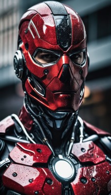 solo,looking at viewer,1boy,upper body,male focus,armor,blurry,bodysuit,mask,blurry background,helmet,portrait,science fiction,realistic,straight-on,red bodysuit,power armor,shiny,black eyes,superhero,red armor