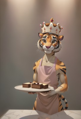 1girl,solo,looking at viewer,smile,short hair,1boy,holding,animal ears,bare shoulders,brown eyes,closed mouth,standing,collarbone,tail,white hair,male focus,cowboy shot,small breasts,food,artist name,blurry,apron,gradient,gradient background,:3,fangs,happy,crown,animal print,furry,plate,brown background,cake,animal hands,furry female,furry male,tiger ears,body fur,naked apron,white fur,straight-on,tiger tail,holding plate,animal nose,yellow sclera,whiskers,snout,two-tone fur,cake slice,striped tail,tiger girl,pink apron,black fur,buck teeth,tiger boy,orange fur,simple background,yellow eyes,upper body,fruit,blurry background,watermark,gem,white apron,colored sclera,strawberry,tiger print,brown fur,blue gemstone,multicolored fur