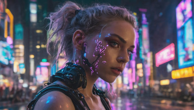 1girl, solo, looking at viewer, short hair, blue eyes, upper body, ponytail, parted lips, dark skin, blurry, dark-skinned female, lips, eyelashes, blurry background, freckles, science fiction, realistic, nose, cyborg, city lights, cyberpunk, neon lights, hologram