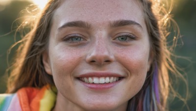 1girl,solo,long hair,looking at viewer,smile,open mouth,blue eyes,brown hair,1boy,male focus,teeth,grin,blurry,lips,blurry background,portrait,close-up,freckles,realistic,nose,hair ornament,green eyes,eyelashes